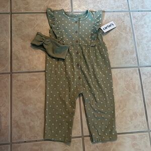NWT Baby Girls Carters Green with White Print Button Up Jumpsuit with Headband